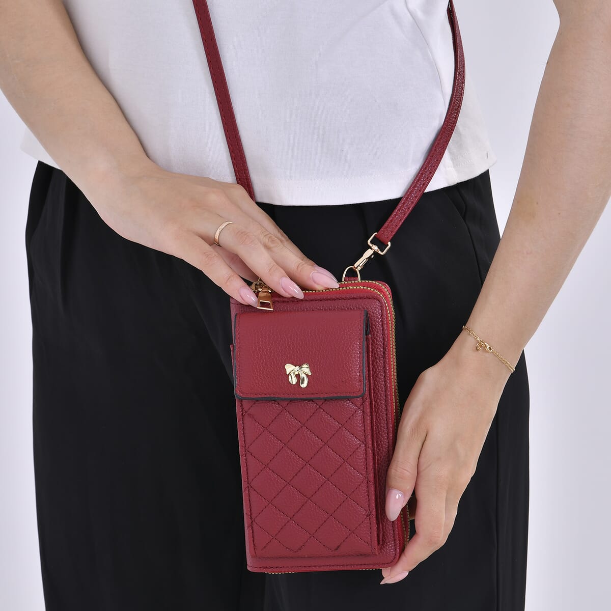 Burgundy Faux Leather Multi-Purpose Crossbody Cellphone Bag with Detachable Shoulder Strap image number 2