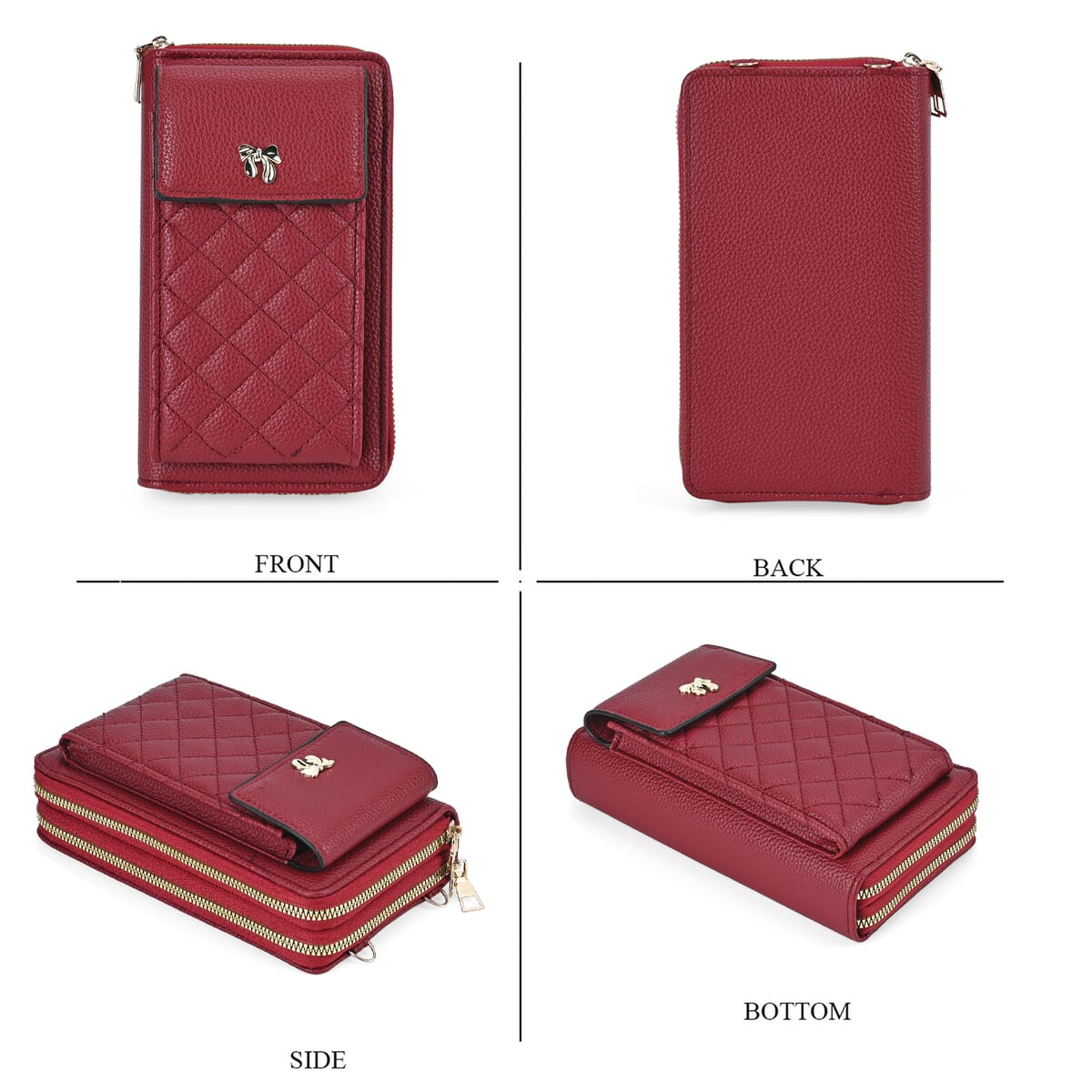 Burgundy Faux Leather Multi-Purpose Crossbody Cellphone Bag with Detachable Shoulder Strap image number 3