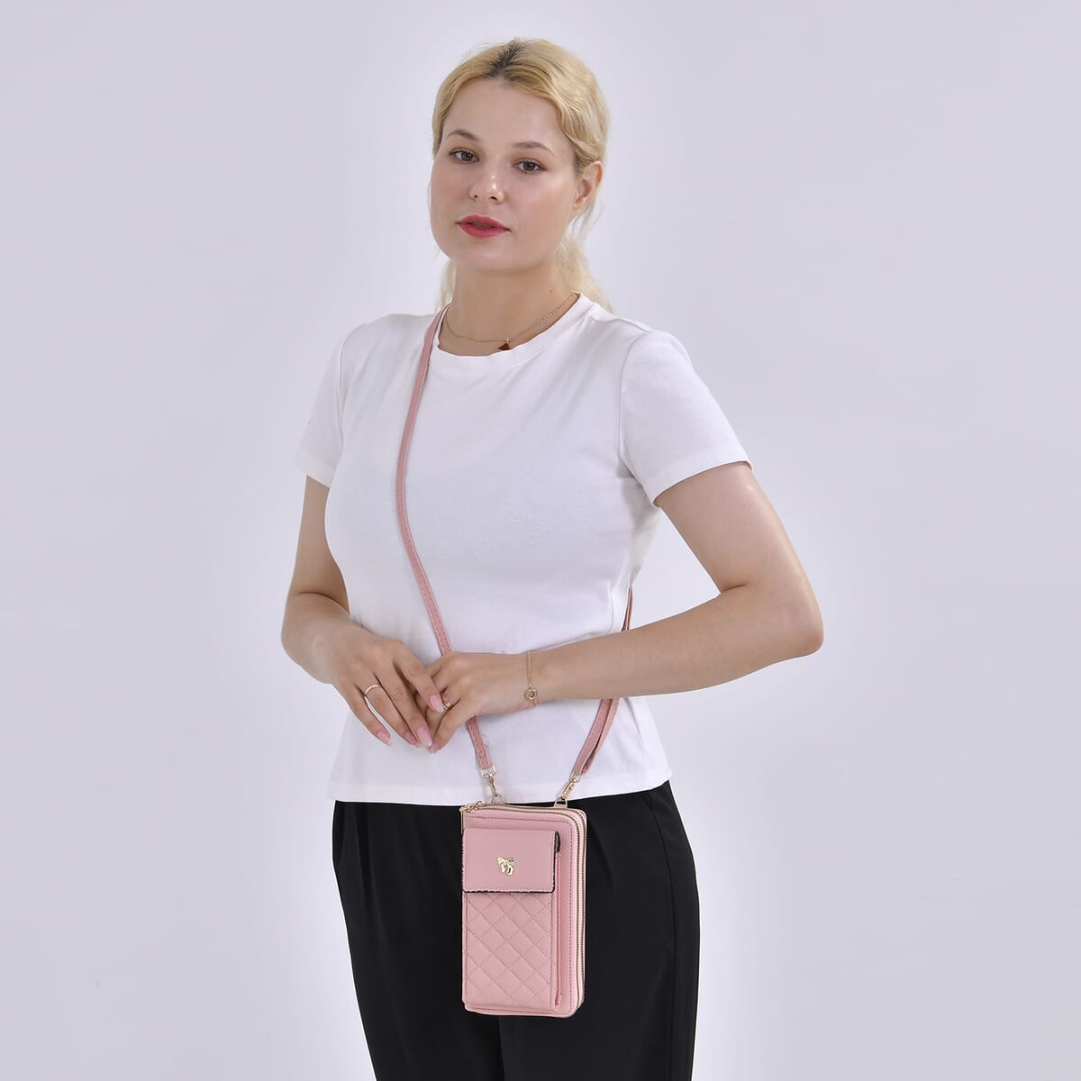 Pink Faux Leather Multi-Purpose Crossbody Cellphone Bag with Detachable Shoulder Strap image number 1