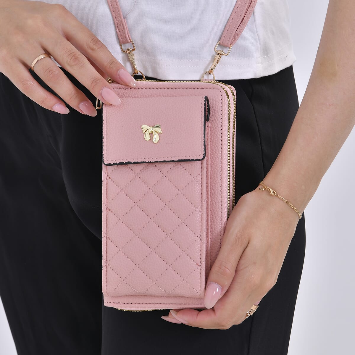Pink Faux Leather Multi-Purpose Crossbody Cellphone Bag with Detachable Shoulder Strap image number 2