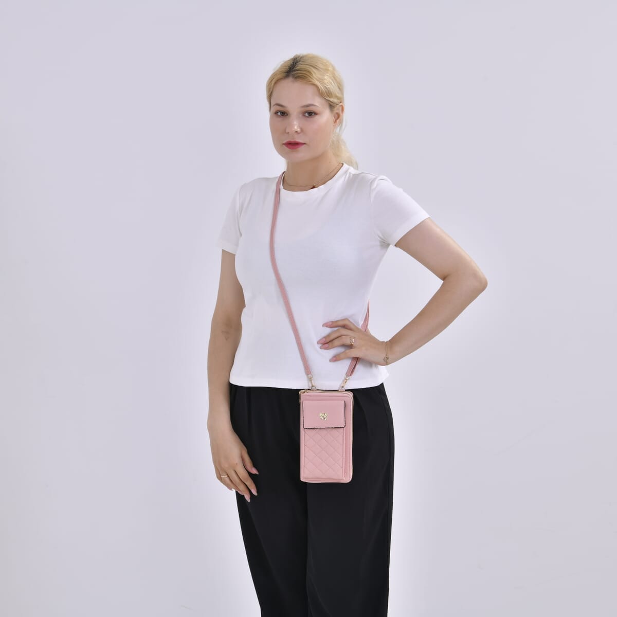 Pink Faux Leather Multi-Purpose Crossbody Cellphone Bag with Detachable Shoulder Strap image number 7