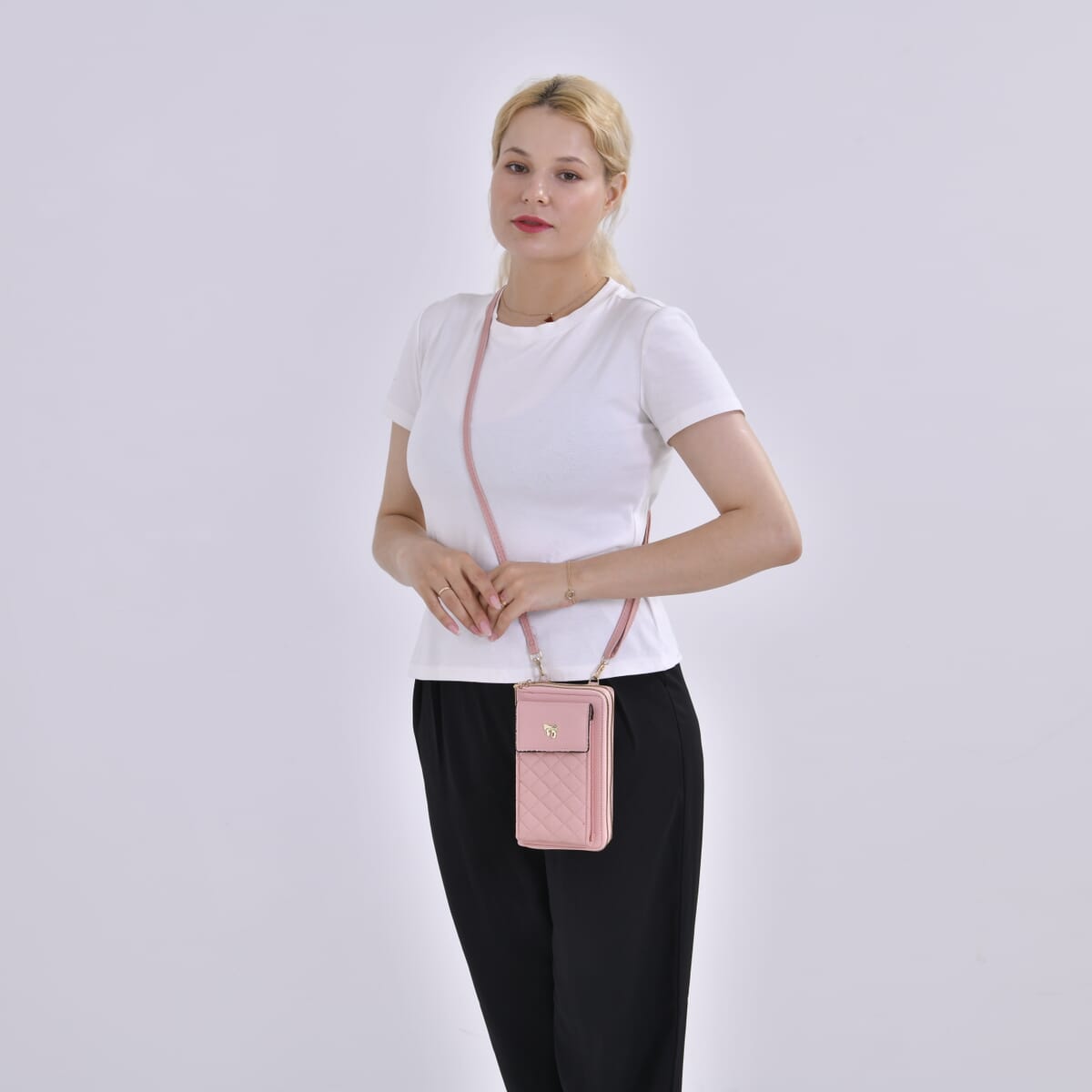 Pink Faux Leather Multi-Purpose Crossbody Cellphone Bag with Detachable Shoulder Strap image number 8