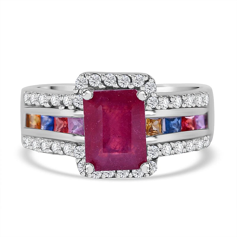 Niassa Ruby (FF) and Multi-Tourmaline, White Zircon Ring in Platinum Over Sterling Silver (Size 6.0) 3.10 ctw