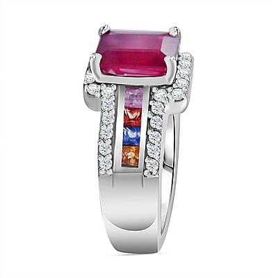 Niassa Ruby (FF) and Multi-Tourmaline, White Zircon Ring in Platinum Over Sterling Silver (Size 6.0) 3.10 ctw
