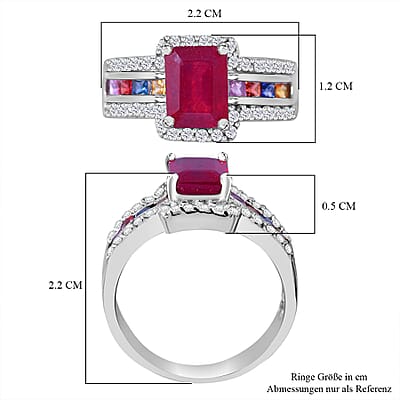 Niassa Ruby (FF) and Multi-Tourmaline, White Zircon Ring in Platinum Over Sterling Silver (Size 6.0) 3.10 ctw