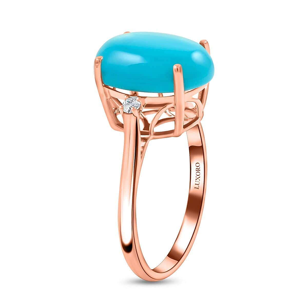 Certified & Appraised Luxoro 14K Rose Gold AAA Sleeping Beauty Turquoise and I2 Diamond Ring (Size 12.0) 5.50 ctw image number 3