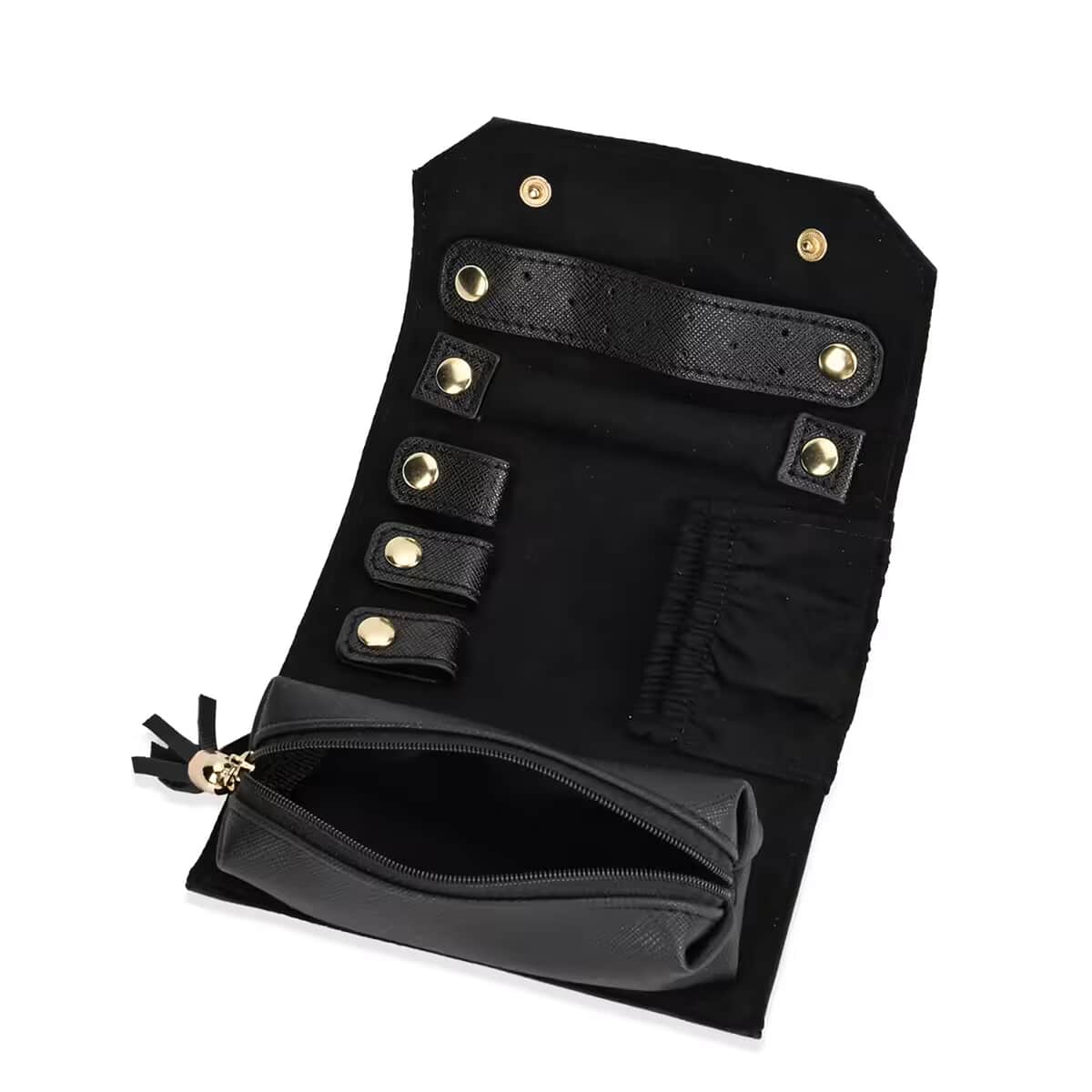 Black Faux Leather Mini Jewelry Roll Organizer with Zipper image number 0