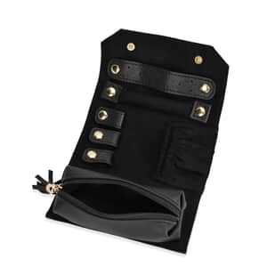 Black Faux Leather Mini Jewelry Roll Organizer with Zipper