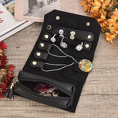 Black Faux Leather Mini Jewelry Roll Organizer with Zipper