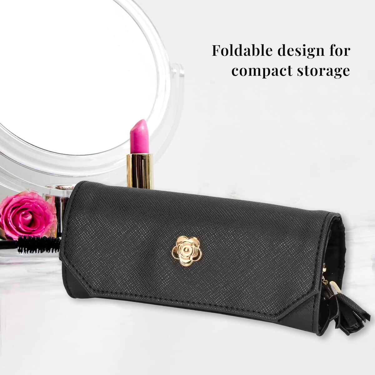 Black Faux Leather Mini Jewelry Roll Organizer with Zipper image number 3