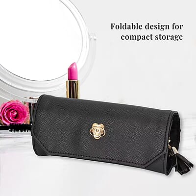 Black Faux Leather Mini Jewelry Roll Organizer with Zipper