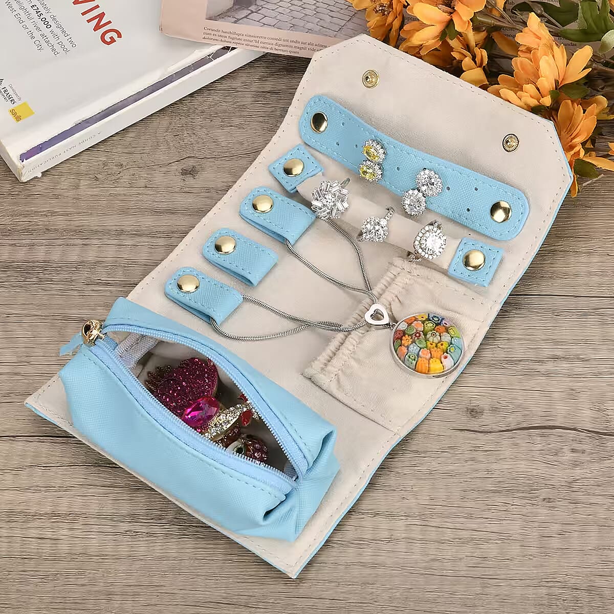 Blue Faux Leather Mini Jewelry Roll Organizer with Zipper image number 1