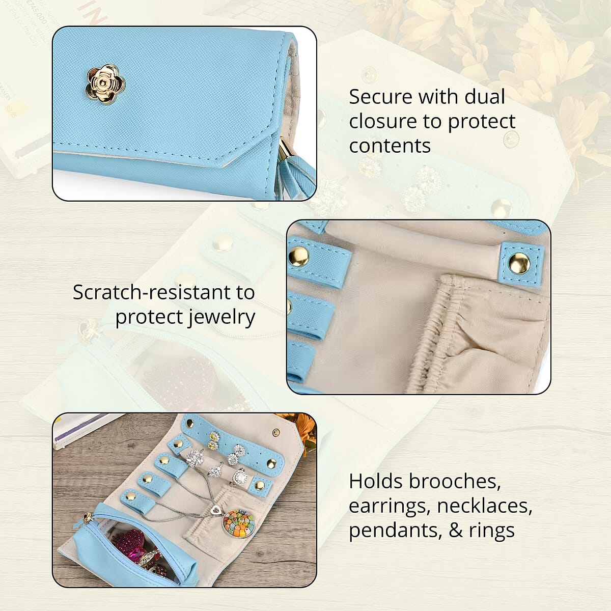 Blue Faux Leather Mini Jewelry Roll Organizer with Zipper image number 2