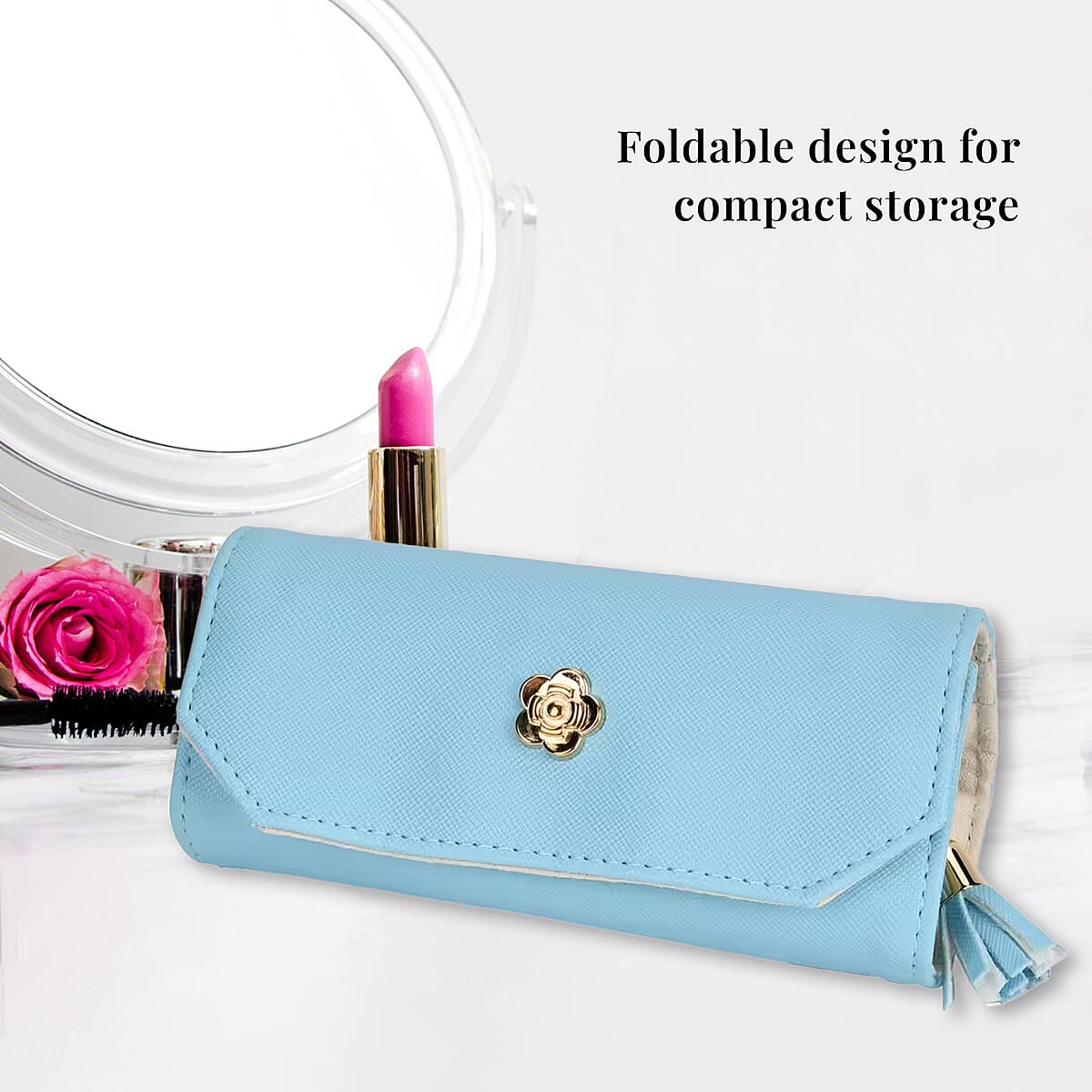 Blue Faux Leather Mini Jewelry Roll Organizer with Zipper image number 3