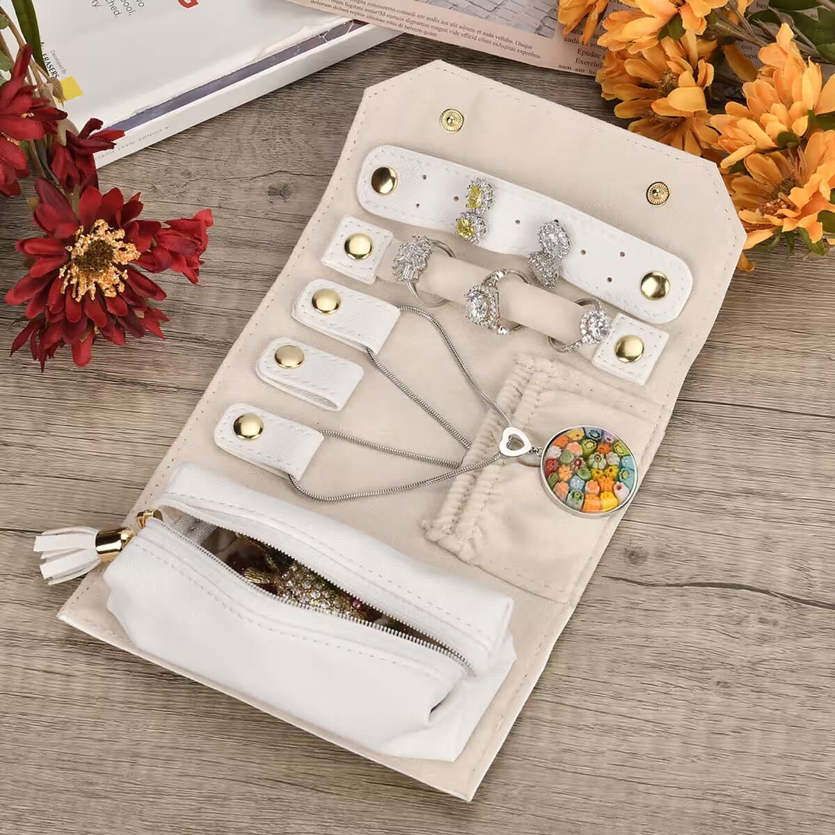 White Faux Leather Mini Jewelry Roll Organizer with Zipper image number 1