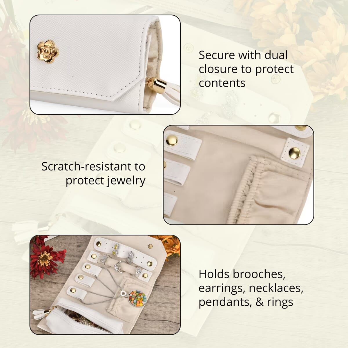White Faux Leather Mini Jewelry Roll Organizer with Zipper image number 2
