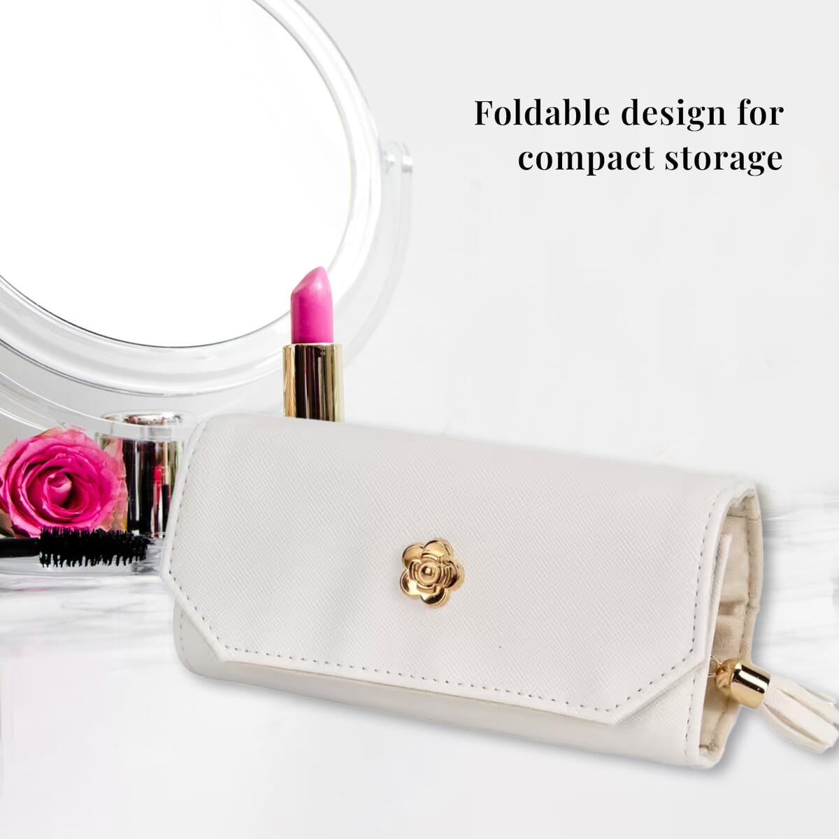 White Faux Leather Mini Jewelry Roll Organizer with Zipper image number 3