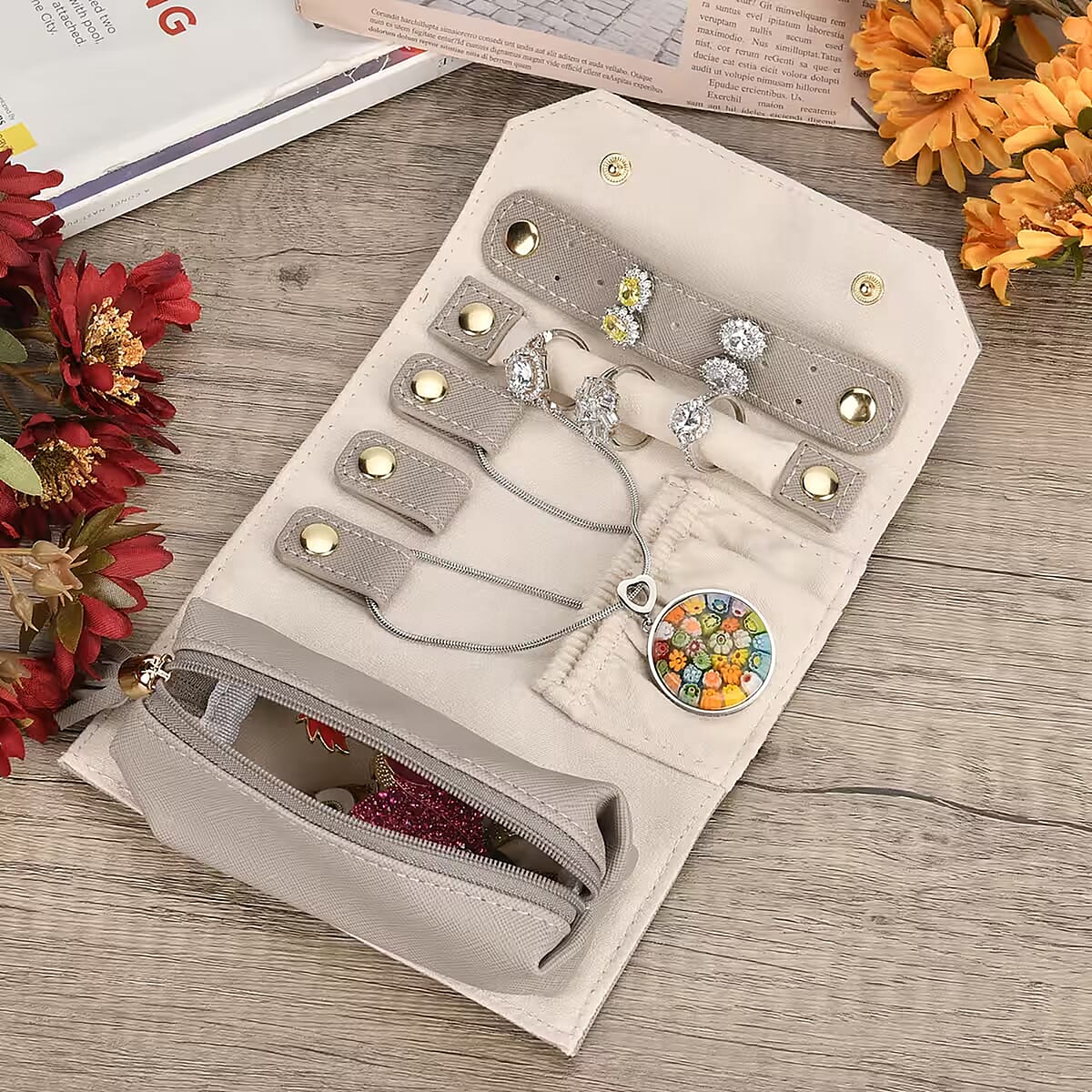 Gray Faux Leather Mini Jewelry Roll Organizer with Zipper image number 1