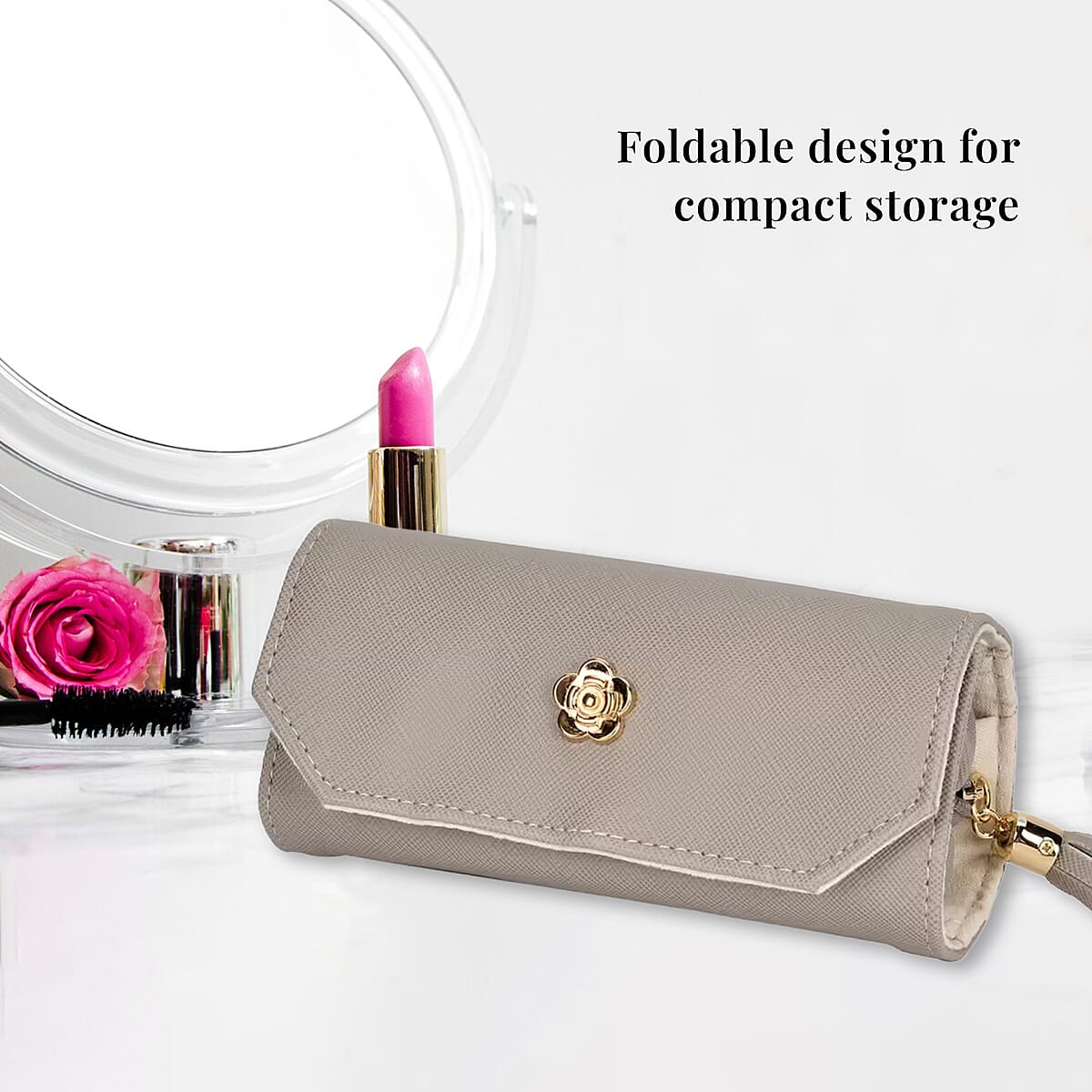 Gray Faux Leather Mini Jewelry Roll Organizer with Zipper image number 3