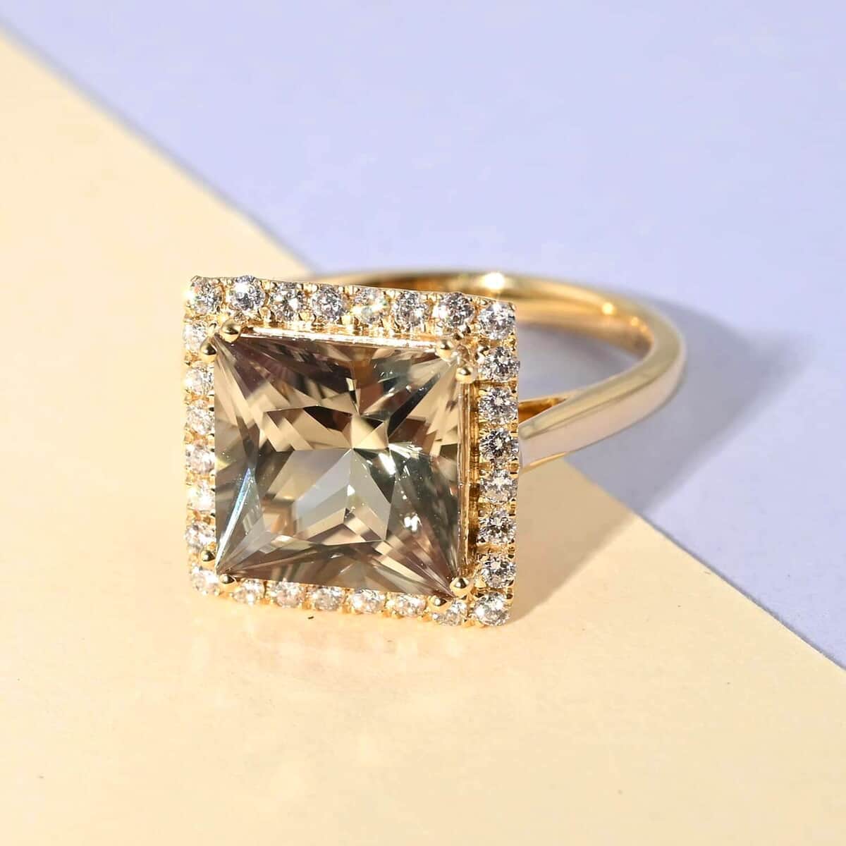 Certified and Appraised Iliana 18K Yellow Gold AAA Turkizite and G-H SI Diamond Halo Ring (Size 5.5) 4.15 Grams 4.10 ctw image number 1