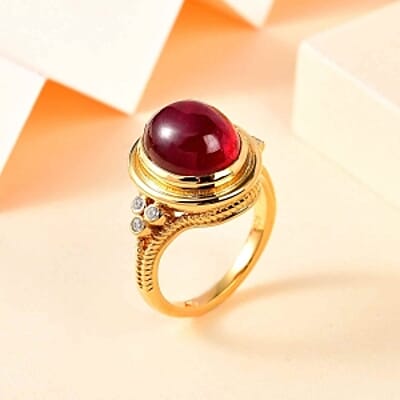 African Ruby and Moissanite 9.04 ctw Ring in Vermeil Yellow Gold Over Sterling Silver (Size 8)