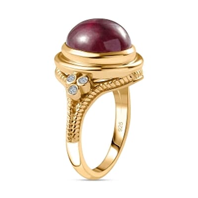 African Ruby and Moissanite 9.04 ctw Ring in Vermeil Yellow Gold Over Sterling Silver (Size 8)