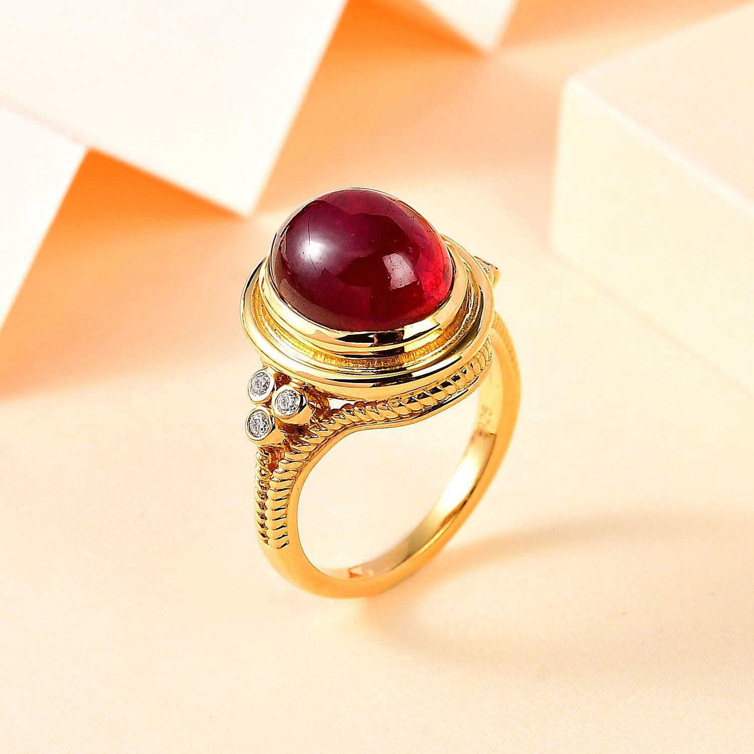 African Ruby and Moissanite 9.04 ctw Ring in Vermeil Yellow Gold Over Sterling Silver (Size 10)