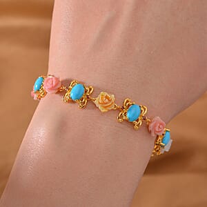 D'Joy Sleeping Beauty Turquoise, Multi Color Mother Of Pearl Carved and Mozambique Garnet 5.65 ctw Floral Bracelet in Vermeil Yellow Gold Over Sterling Silver (7.50 In)