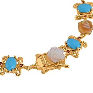 D'Joy Sleeping Beauty Turquoise, Multi Color Mother Of Pearl Carved and Mozambique Garnet 5.65 ctw Floral Bracelet in Vermeil Yellow Gold Over Sterling Silver (7.50 In)