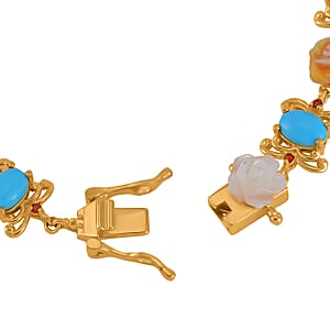 D'Joy Sleeping Beauty Turquoise, Multi Color Mother Of Pearl Carved and Mozambique Garnet 5.65 ctw Floral Bracelet in Vermeil Yellow Gold Over Sterling Silver (7.50 In)