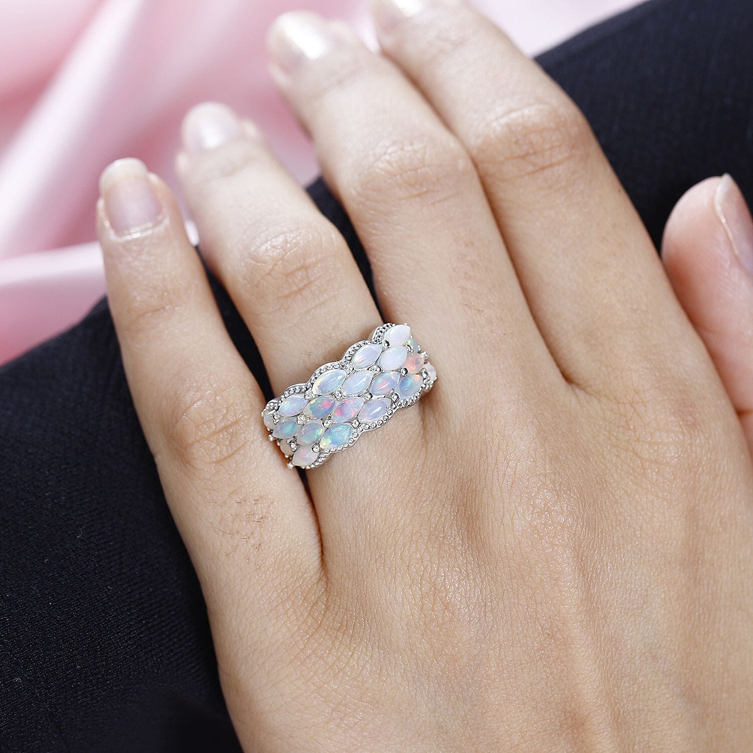 Premium Ethiopian Welo Opal Cluster Ring in Platinum Over Sterling Silver (Size 10.0) 1.90 ctw