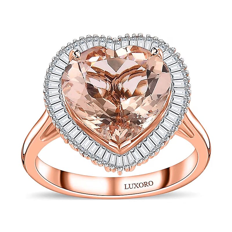 Luxoro 14K Rose Gold AAA Marropino Morganite and G-H I2 Diamond Heart Ring (Size 12.0) 4.50 Grams 5.10 ctw