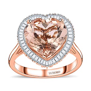 Luxoro 14K Rose Gold AAA Marropino Morganite and G-H I2 Diamond Heart Ring (Size 5.0) 4.50 Grams 5.10 ctw