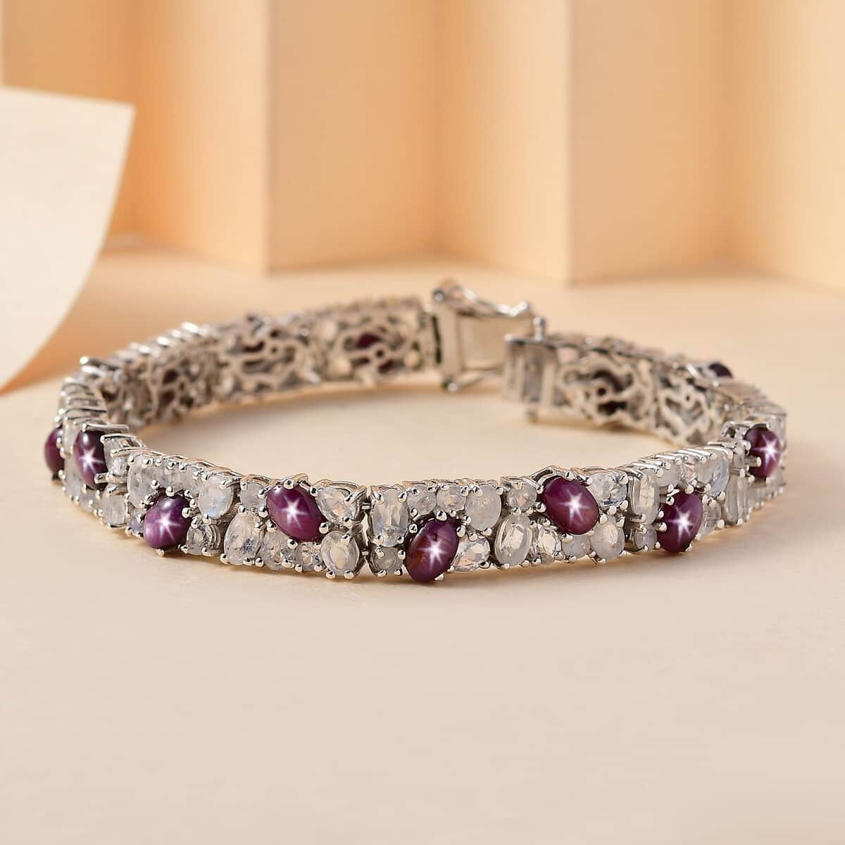 India Star Ruby and Moon Glow Moonstone 24.80 ctw Celestial Bracelet in Platinum Over Sterling Silver (7.25 In) image number 1