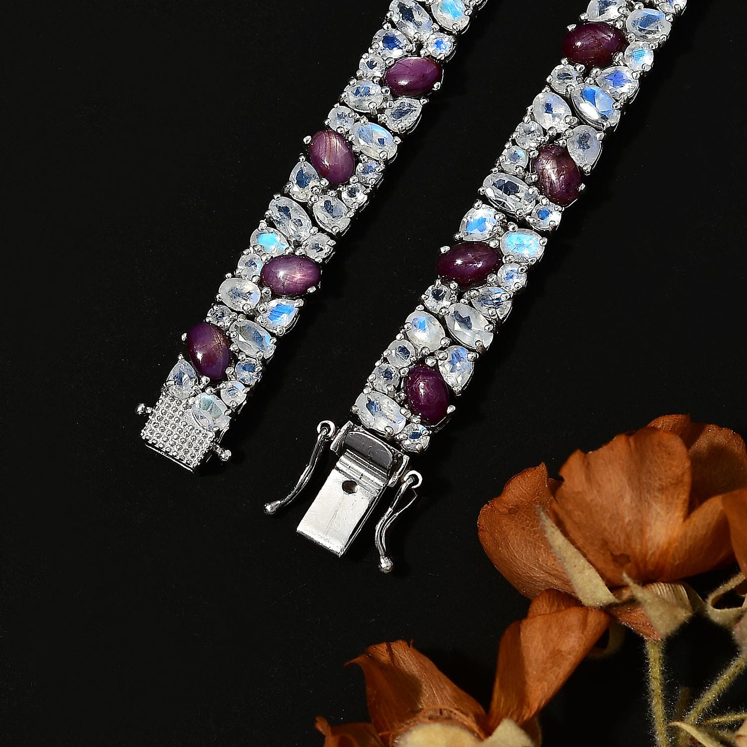 D'Joy Indian Star Ruby and Moon Glow Moonstone 24.80 ctw Celestial Bracelet in Platinum Over Sterling Silver (7.25 In)