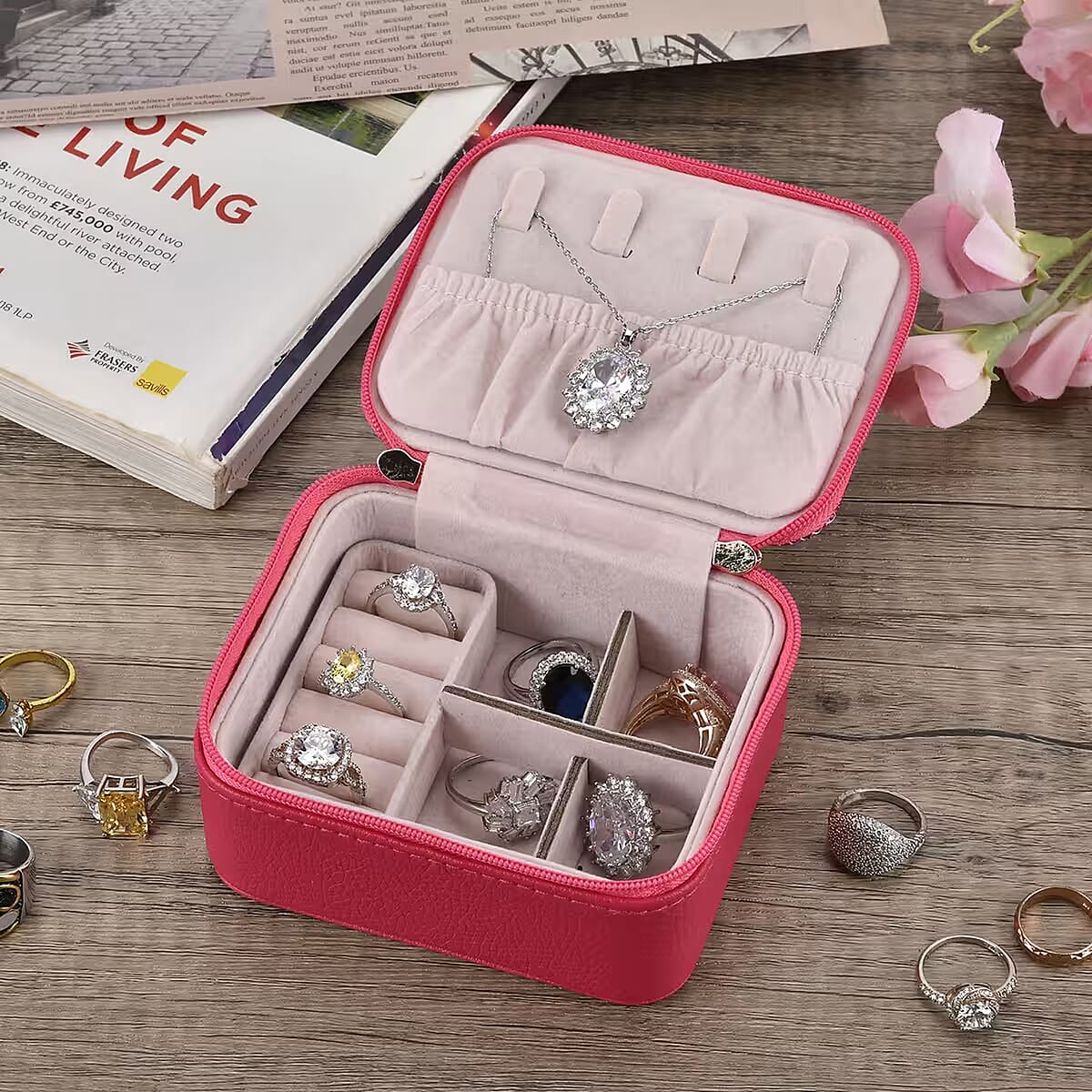 Pink Faux Leather, Glittery Jewelry Box (4 Necklace Hooks, 10 Rings Slot) image number 1