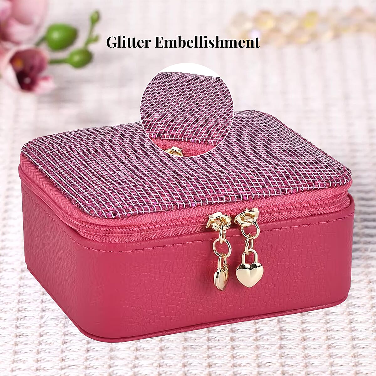 Pink Faux Leather, Glittery Jewelry Box (4 Necklace Hooks, 10 Rings Slot) image number 3