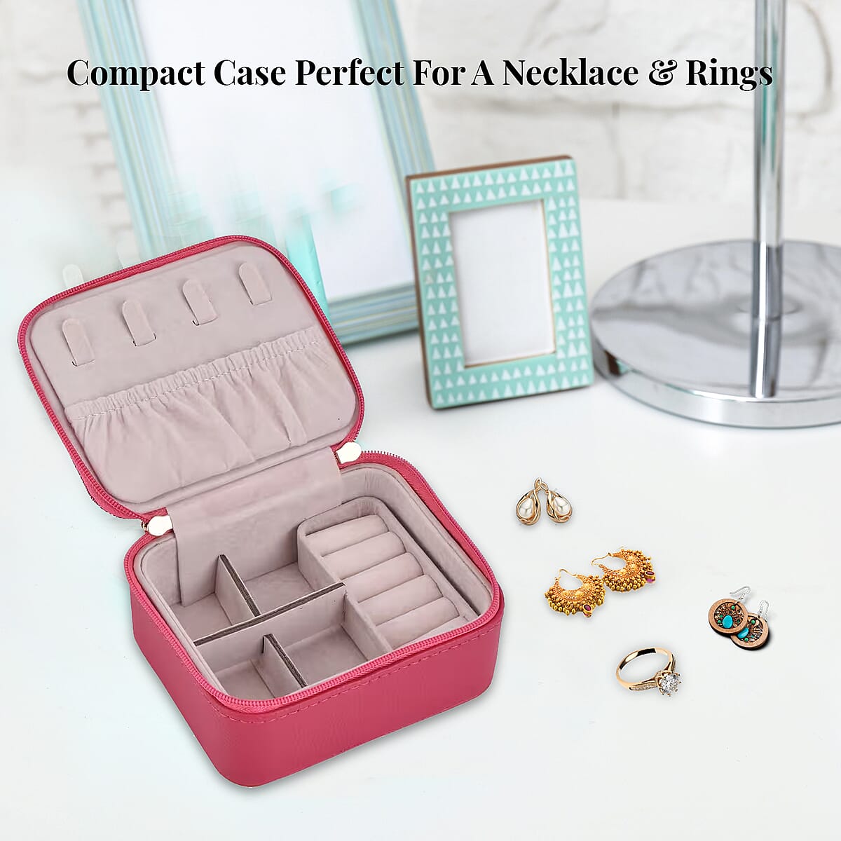 Pink Faux Leather, Glittery Jewelry Box (4 Necklace Hooks, 10 Rings Slot) image number 4
