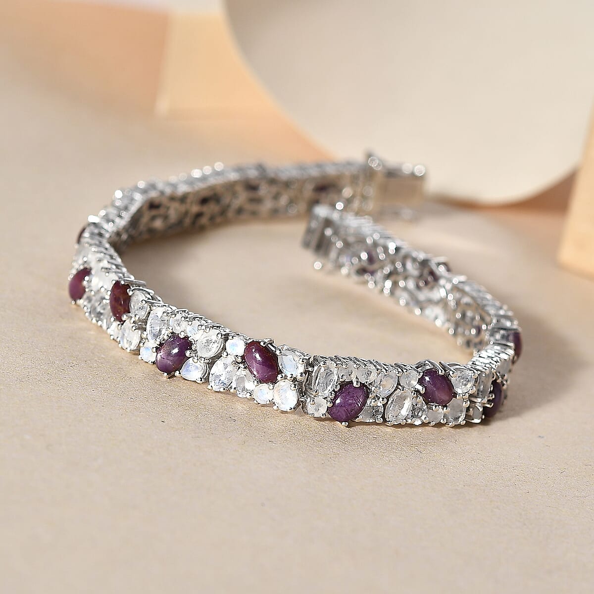 D'Joy India Star Ruby and Moon Glow Moonstone 28.40 ctw Celestial Bracelet in Platinum Over Sterling Silver (8.00 In) image number 1