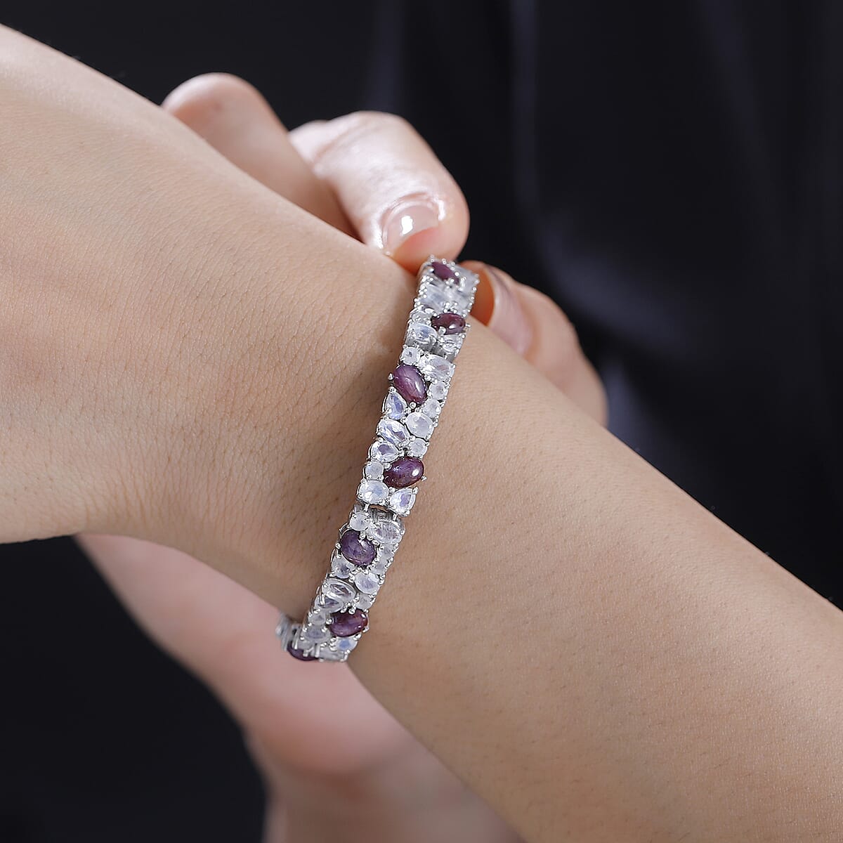 D'Joy India Star Ruby and Moon Glow Moonstone 28.40 ctw Celestial Bracelet in Platinum Over Sterling Silver (8.00 In) image number 2