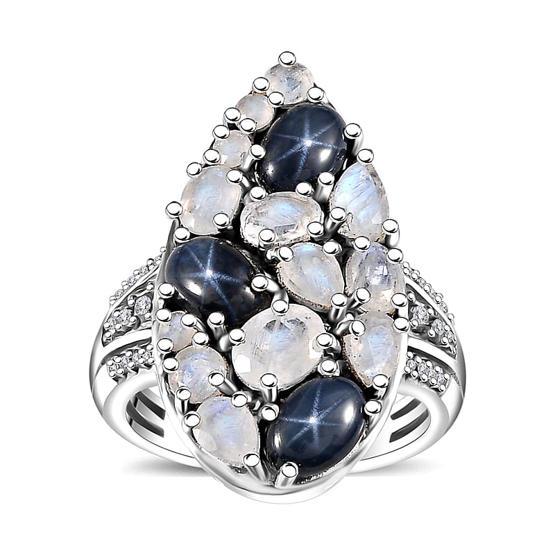 Blue Star Sapphire (DF) and Multi Gemstone 3.90 ctw Celestial Ring in Platinum Over Sterling Silver (Size 10.0)
