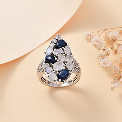 Blue Star Sapphire (DF) and Multi Gemstone 3.90 ctw Celestial Ring in Platinum Over Sterling Silver (Size 10.0)