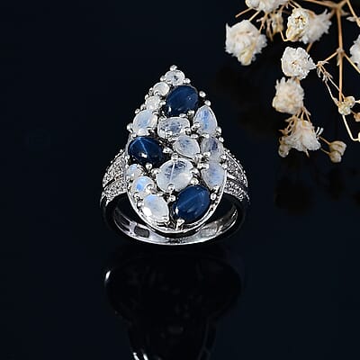 Blue Star Sapphire (DF) and Multi Gemstone 3.90 ctw Celestial Ring in Platinum Over Sterling Silver (Size 10.0)
