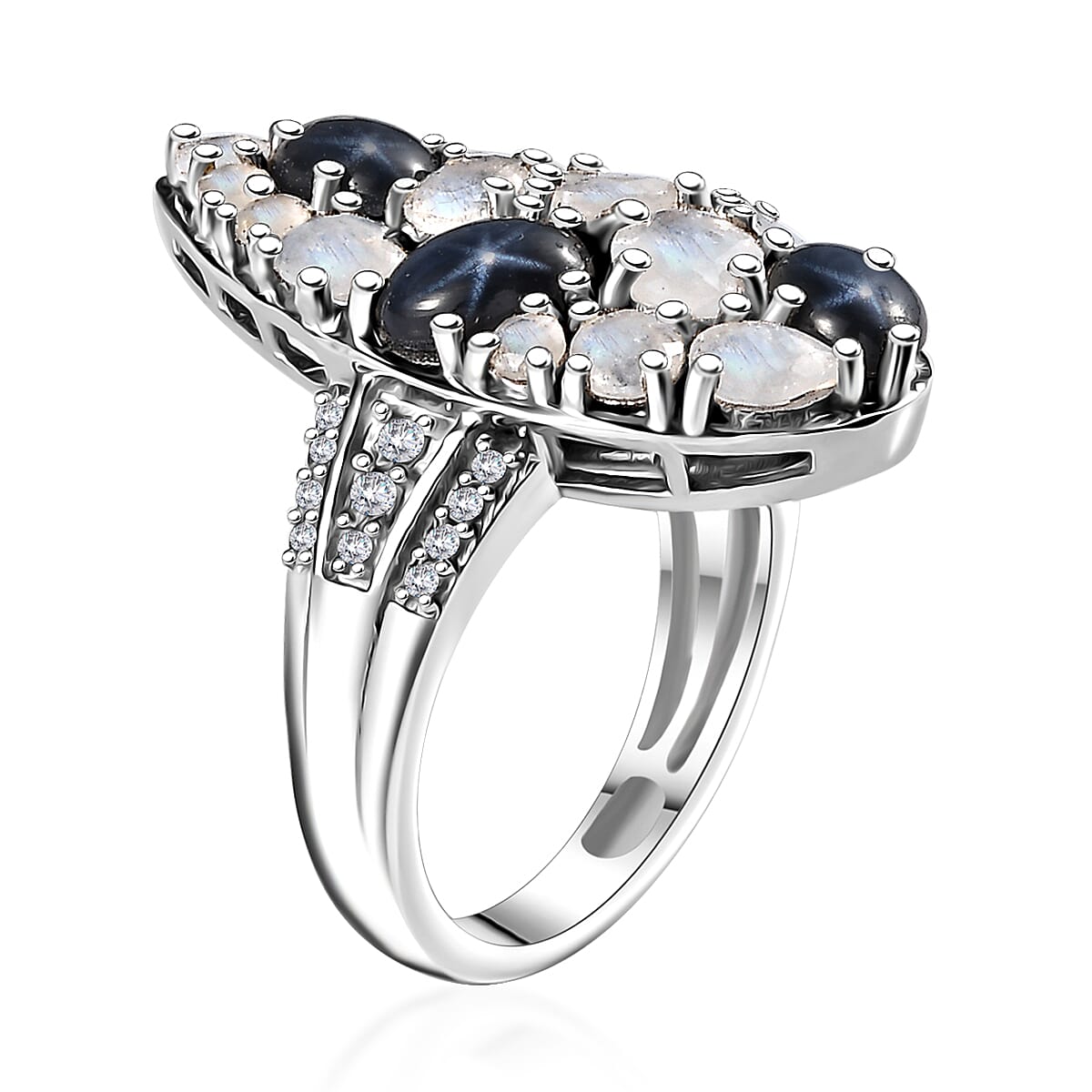 Blue Star Sapphire (DF) and Multi Gemstone 3.90 ctw Celestial Ring in Platinum Over Sterling Silver (Size 10.0)