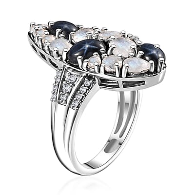 Blue Star Sapphire (DF) and Multi Gemstone 3.90 ctw Celestial Ring in Platinum Over Sterling Silver (Size 10.0)
