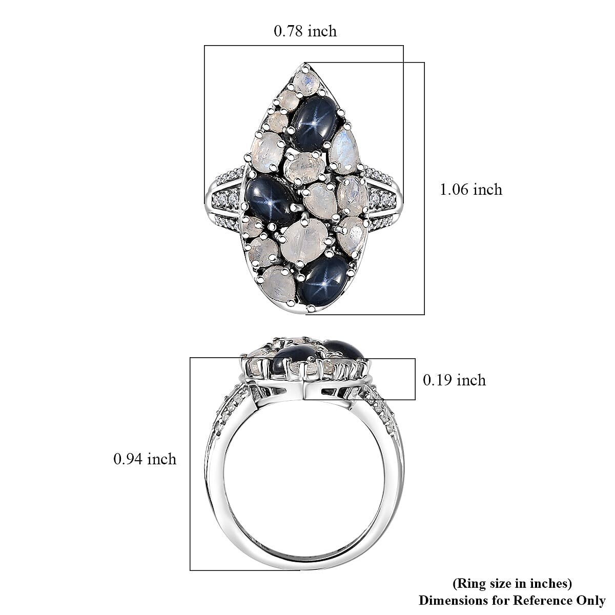 Blue Star Sapphire (DF) and Multi Gemstone 3.90 ctw Celestial Ring in Platinum Over Sterling Silver (Size 10.0)