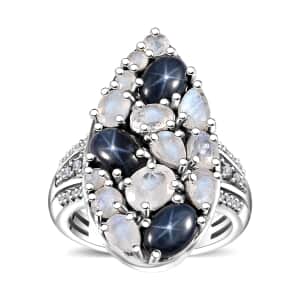 Blue Star Sapphire (DF) and Multi Gemstone 3.90 ctw Celestial Ring in Platinum Over Sterling Silver (Size 7.0)