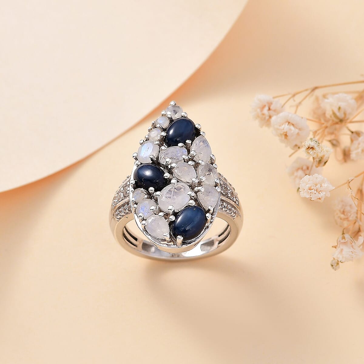 Blue Star Sapphire (DF) and Multi Gemstone 3.90 ctw Celestial Ring in Platinum Over Sterling Silver (Size 9.0) image number 1