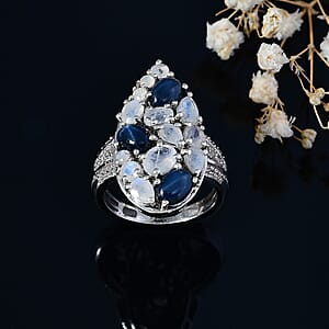Blue Star Sapphire (DF) and Multi Gemstone 3.90 ctw Celestial Ring in Platinum Over Sterling Silver (Size 9.0)