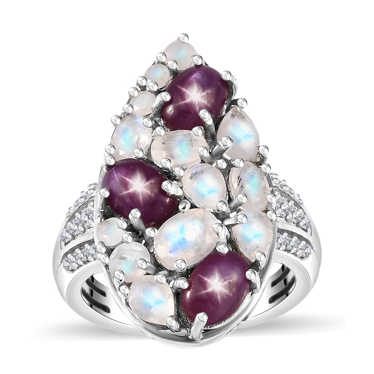 Indian Star Ruby and Multi Gemstone 4.90 ctw Celestial Ring in Platinum Over Sterling Silver (Size 5.0) image number 0